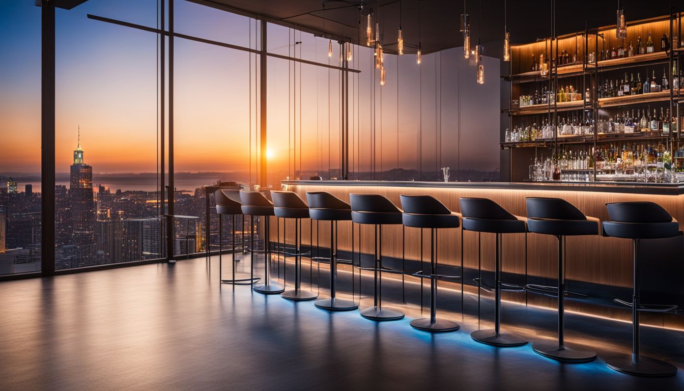 A set of elegant bar stools against a modern event backdrop.