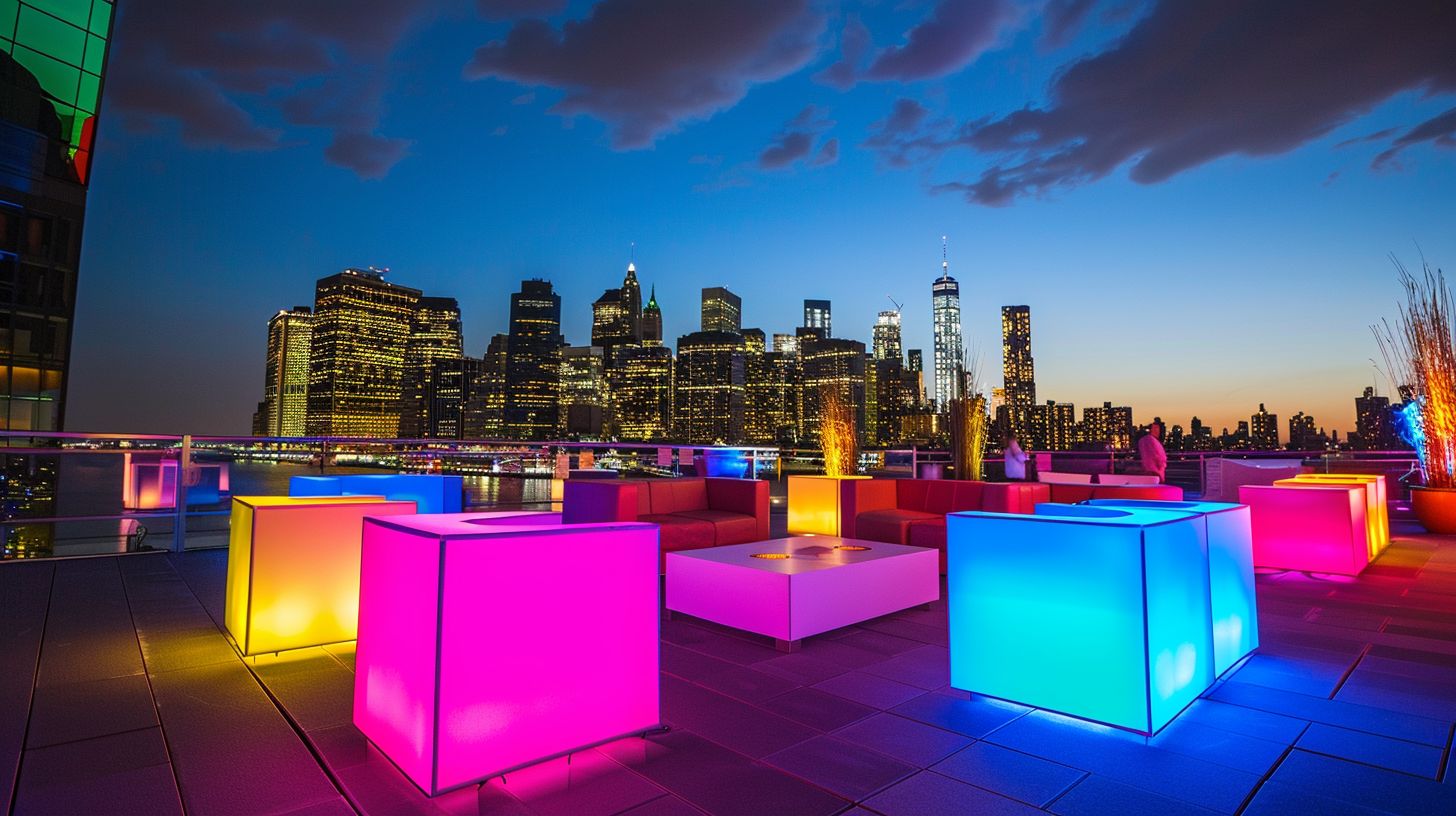 An elegant event venue with colorful LED furniture and a city skyline.