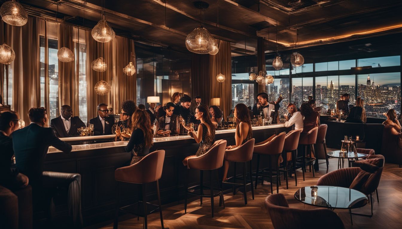 A group of people enjoying cocktails at a stylish event space.