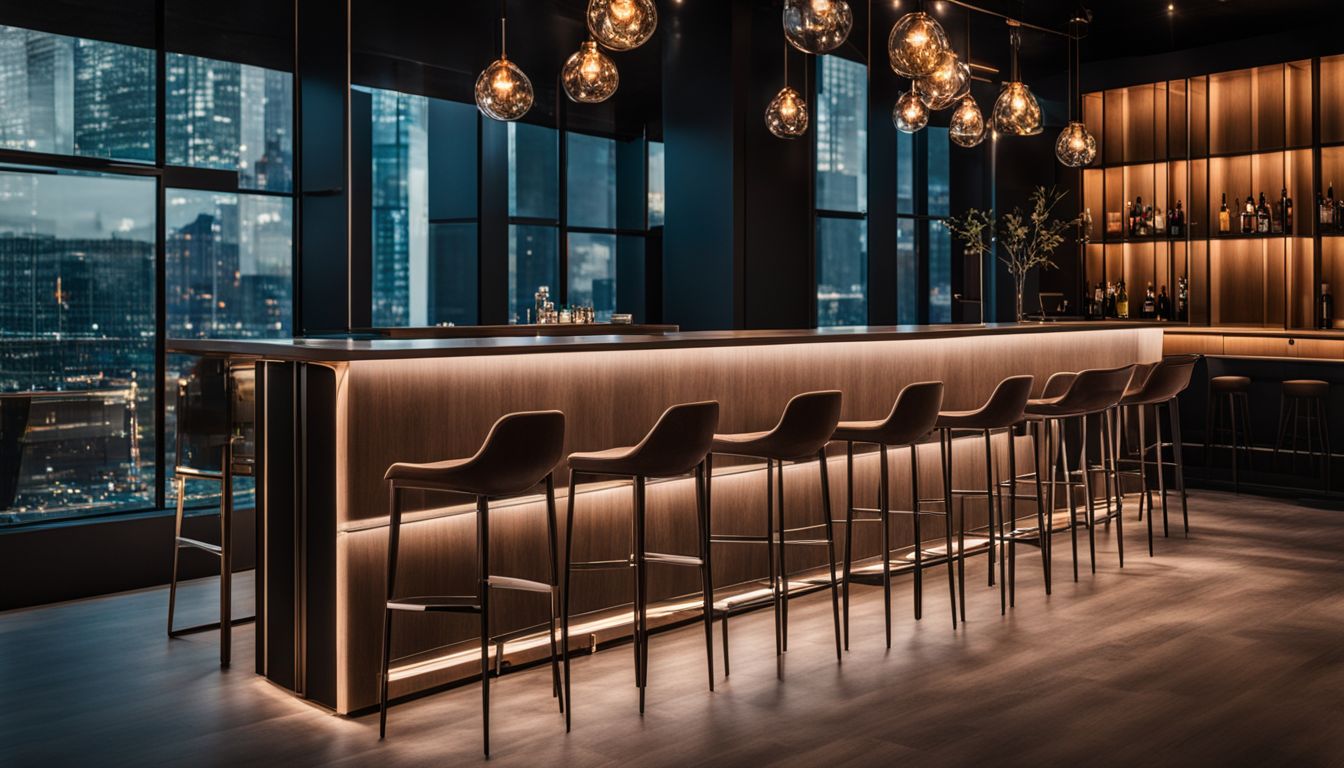 A set of modern bar stools arranged in a bustling event space.