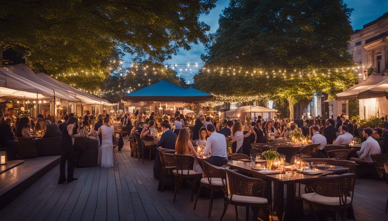 An elegant outdoor event with stylish bar tables and seating.