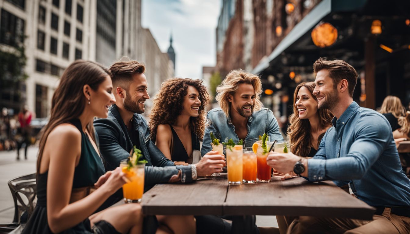 A group of friends enjoying cocktails at a stylish outdoor bar table in downtown Detroit.