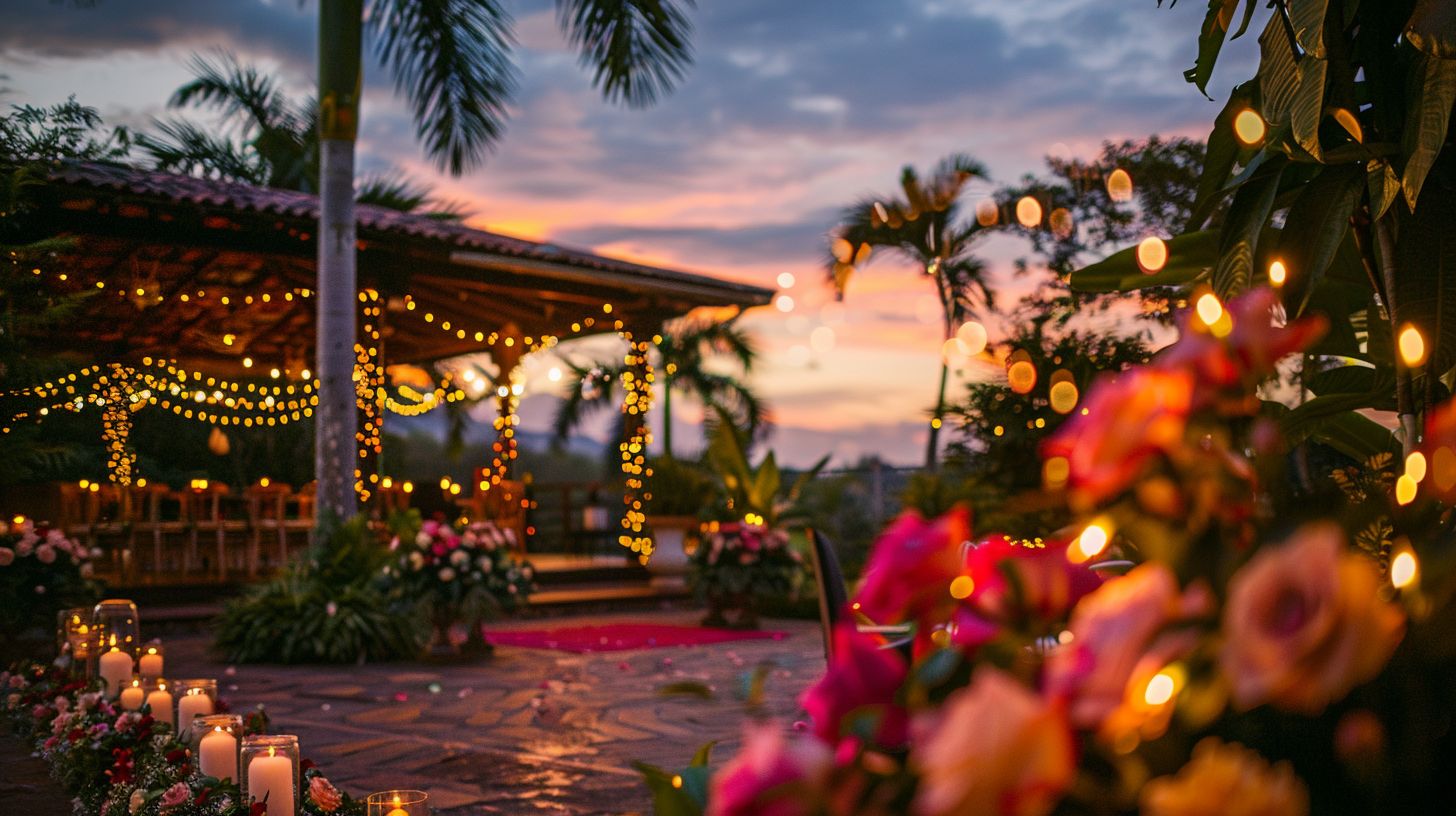 A wedding venue decorated with flowers and fairy lights at sunset.