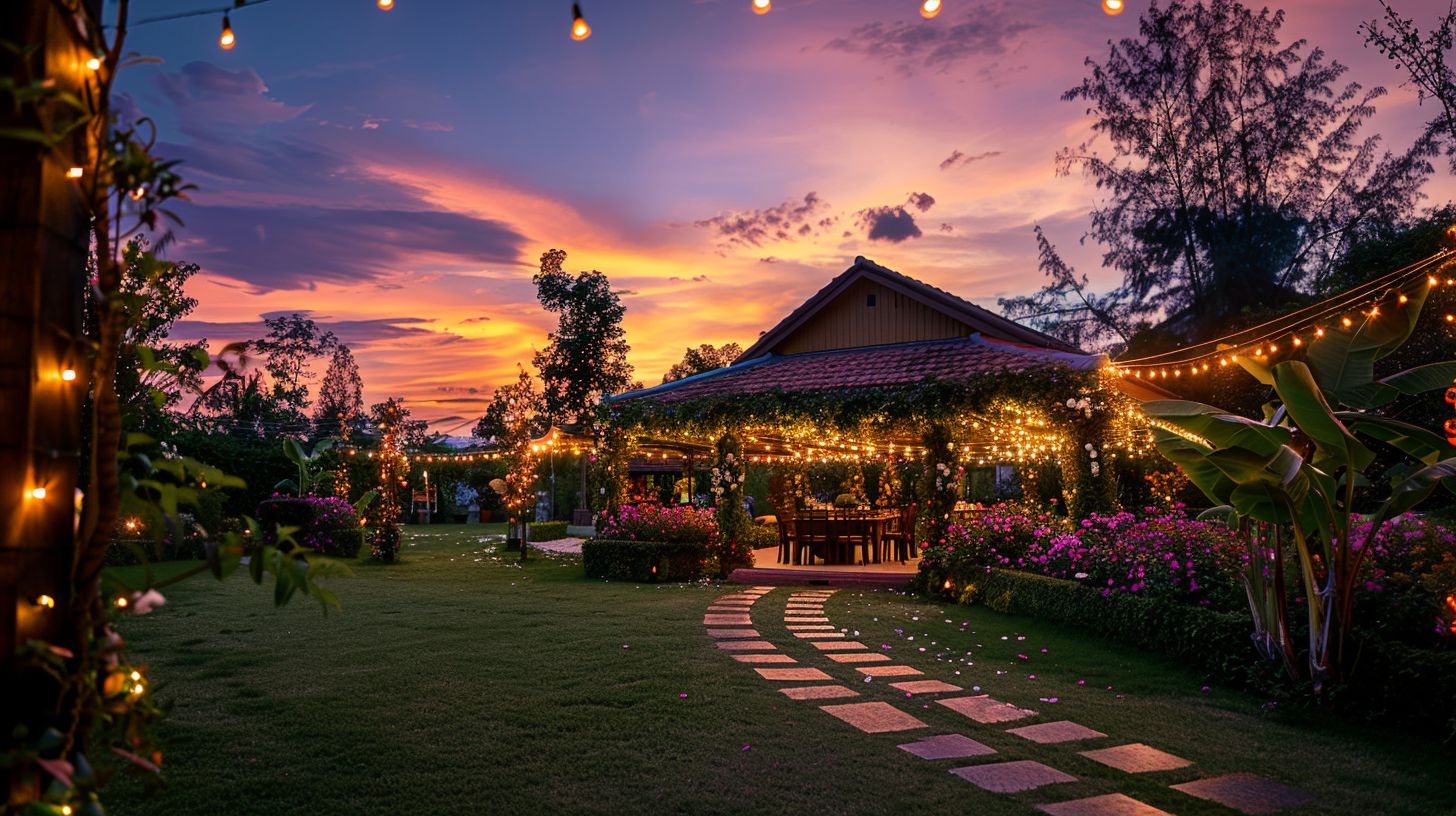 A wedding venue decorated with flowers and fairy lights at sunset.