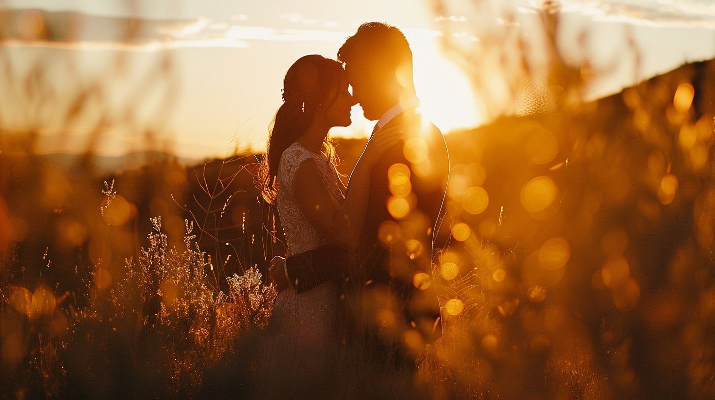 The wedding videographer captures a romantic embrace in a picturesque outdoor setting with a full-frame DSLR camera.