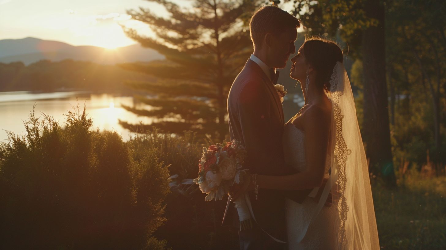 The wedding videographer captures a romantic embrace in a picturesque outdoor setting with a full-frame DSLR camera.