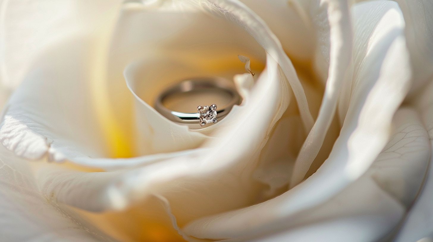 Close-up macro shot of a wedding ring surrounded by delicate flower petals.