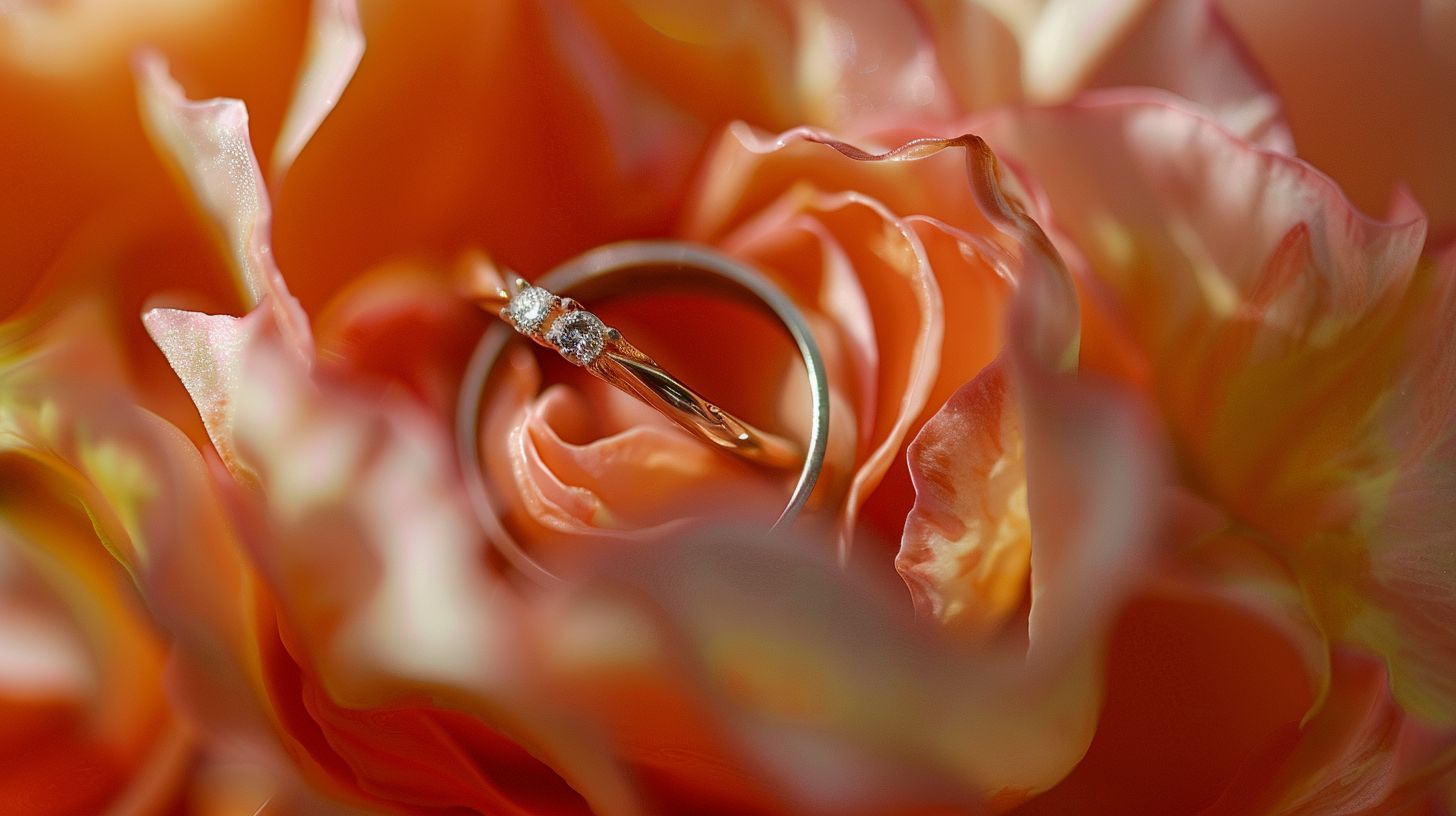Close-up macro shot of a wedding ring surrounded by delicate flower petals.
