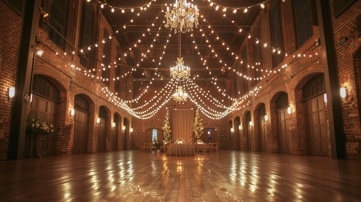 The wedding venue was decorated elegantly with a wide-angle lens.