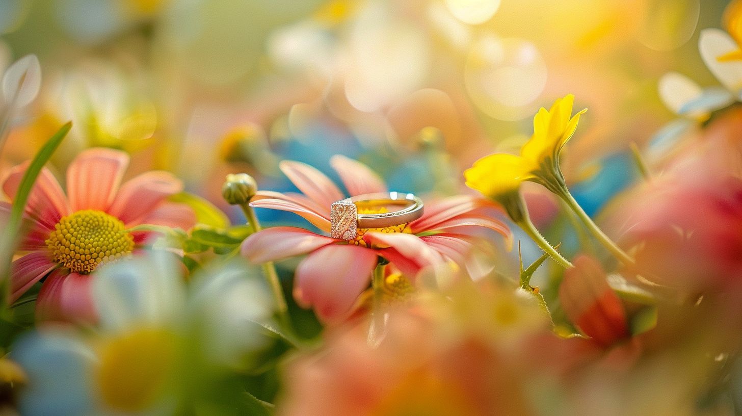 A wedding ring surrounded by colorful flowers in a macro nature photograph.