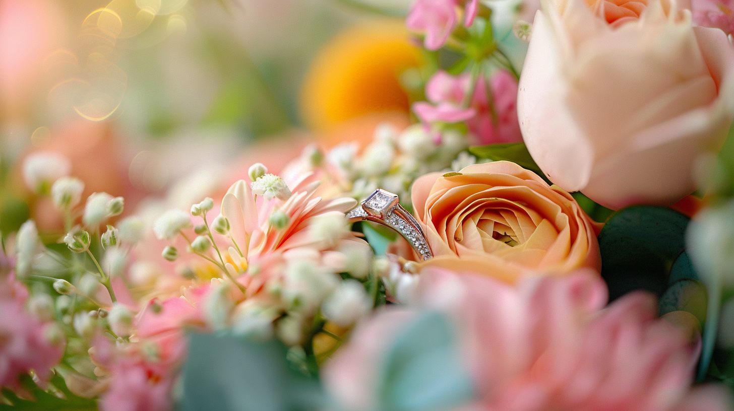 A wedding ring surrounded by colorful flowers in a macro nature photograph.