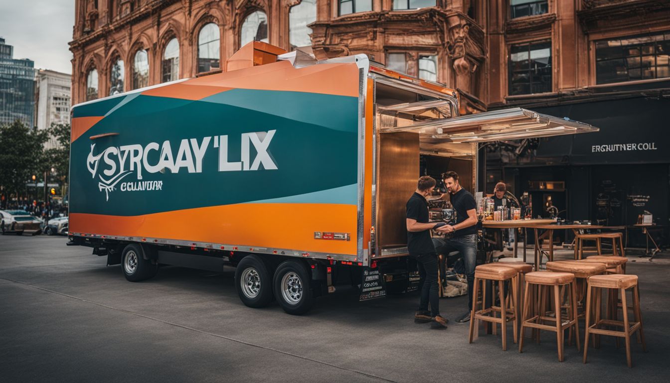 A delivery truck unloading bar stools at a bustling event venue.