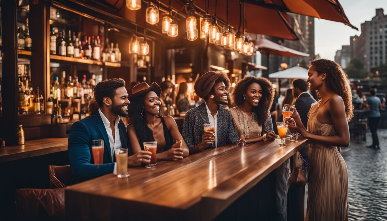 A diverse group enjoys cocktails at a trendy outdoor bar.