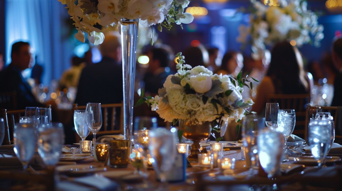 A videographer discussing wedding package options and pricing during a reception.