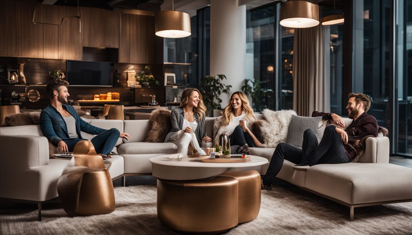 A group of friends relaxing on modern lounge furniture in a stylish living room.
