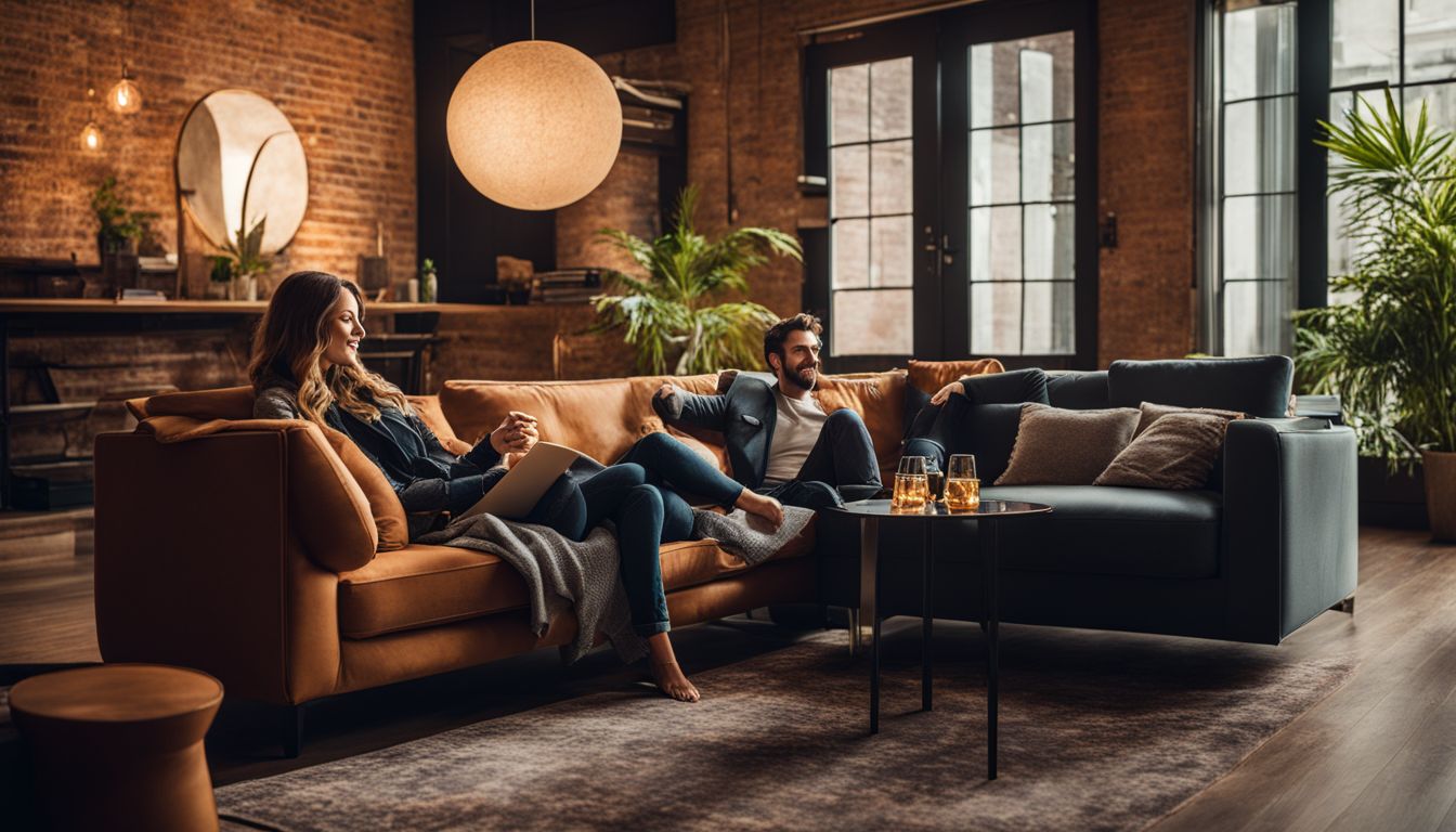A woman and a man lounging on a stylish sofa.