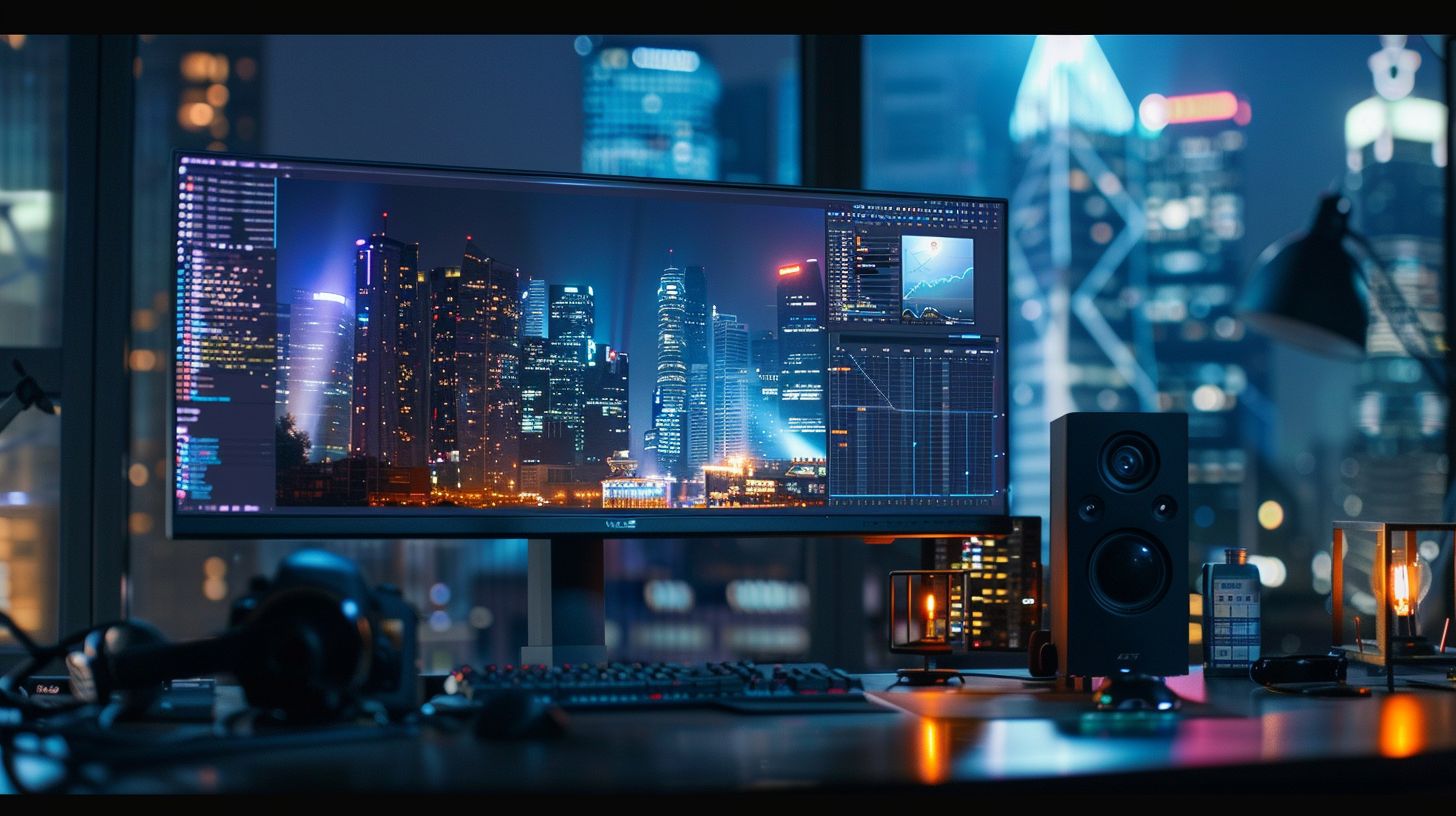 A modern workspace with ChatGPT interface and cityscape photography being performed.