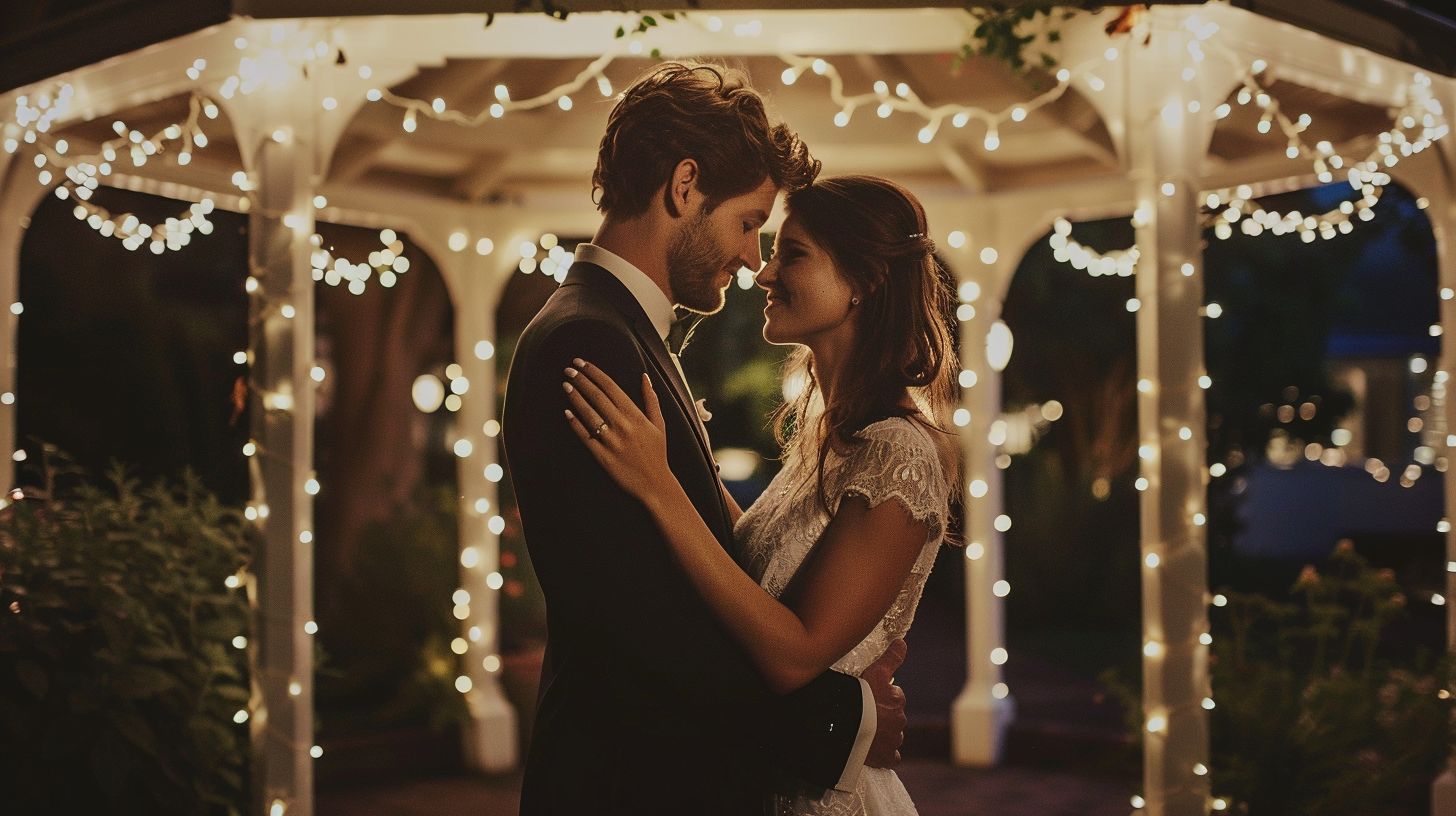 A newlywed couple sharing a romantic dance under fairy lights.