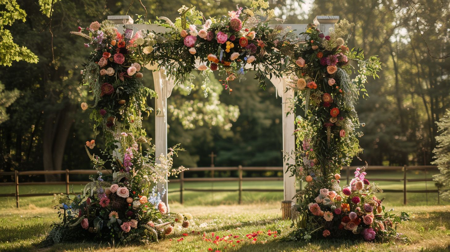 A wedding altar decorated with blooming flowers and intricate details.