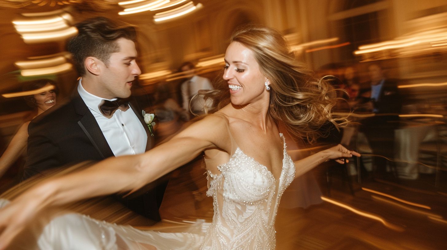 A bride and groom twirling on the dance floor at their wedding.