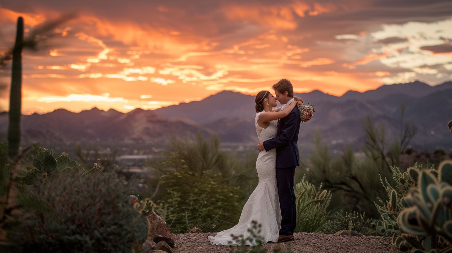 A newlywed couple embraces under a beautiful sunset.