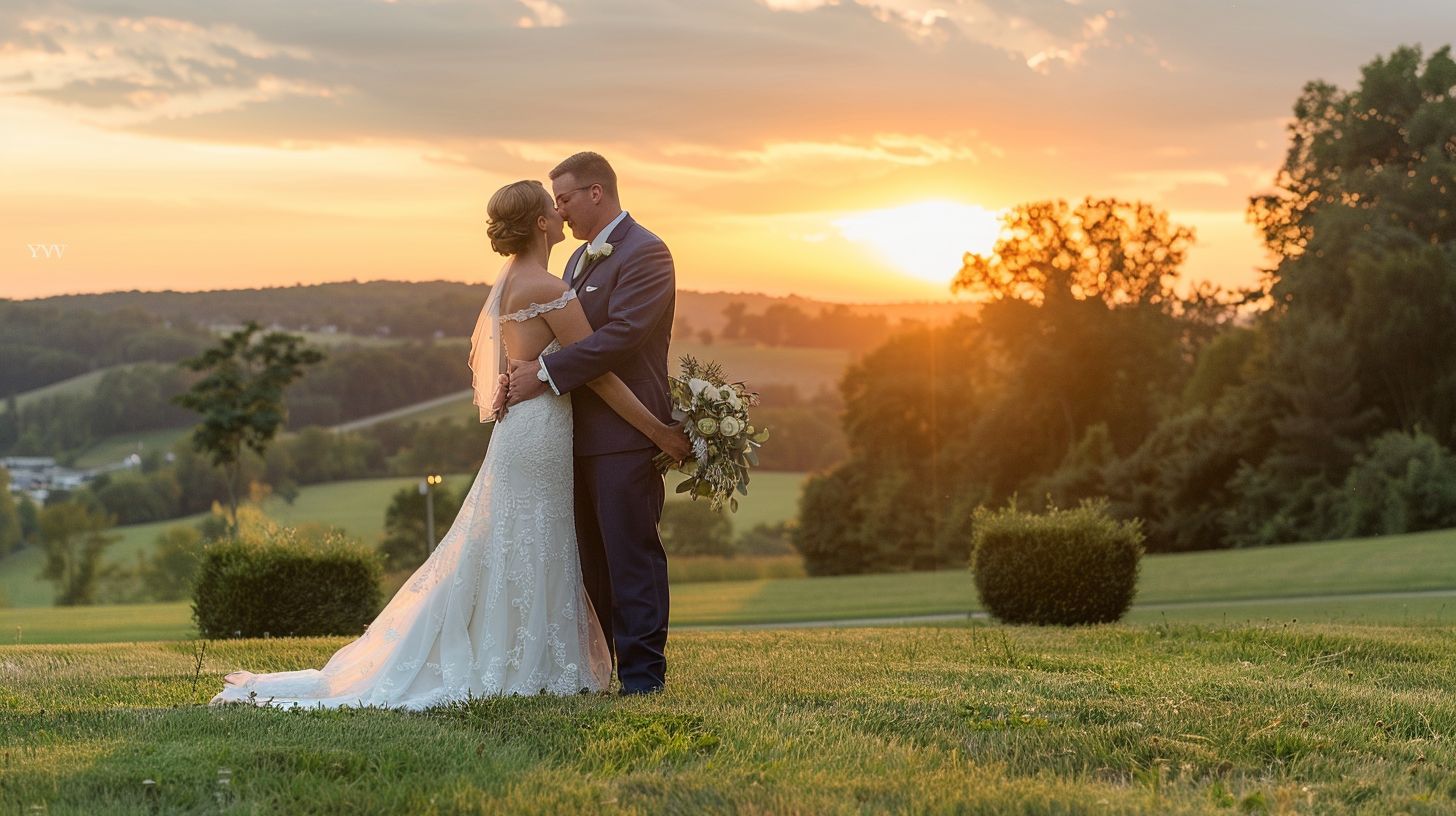 A newlywed couple embraces under a beautiful sunset.