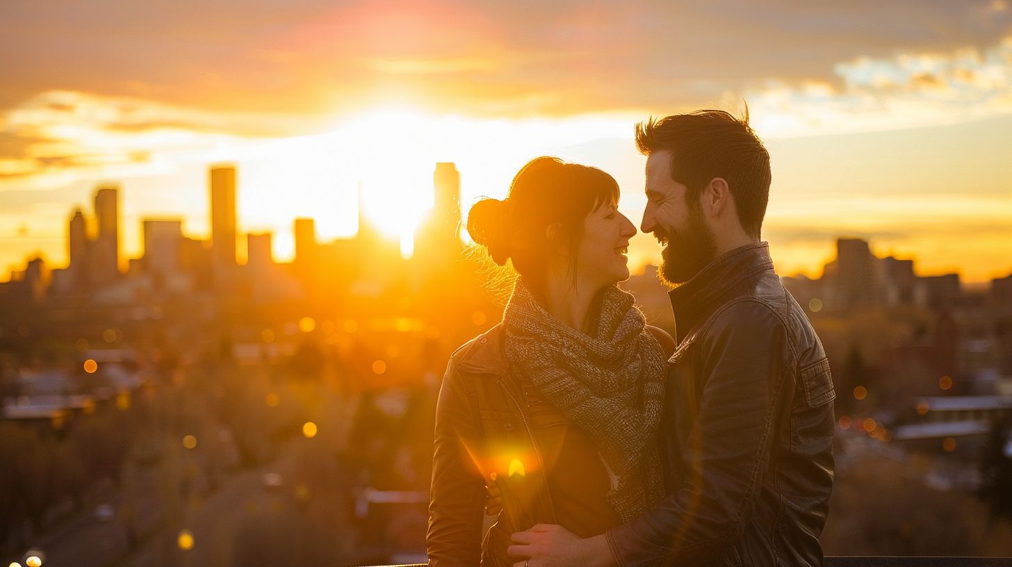 A couple enjoying the Denver skyline at sunset.