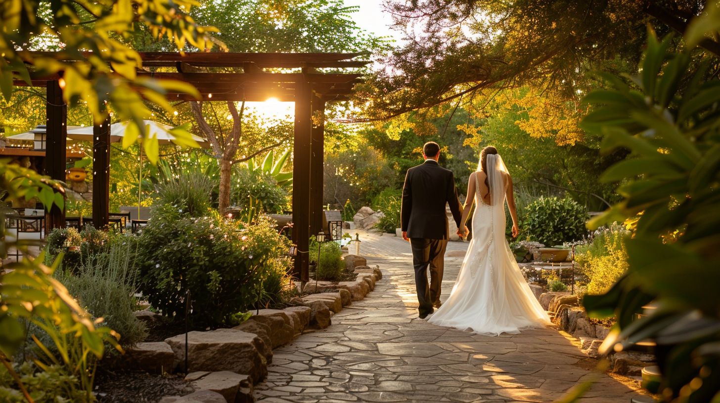A bride and groom walk through a scenic outdoor wedding venue.