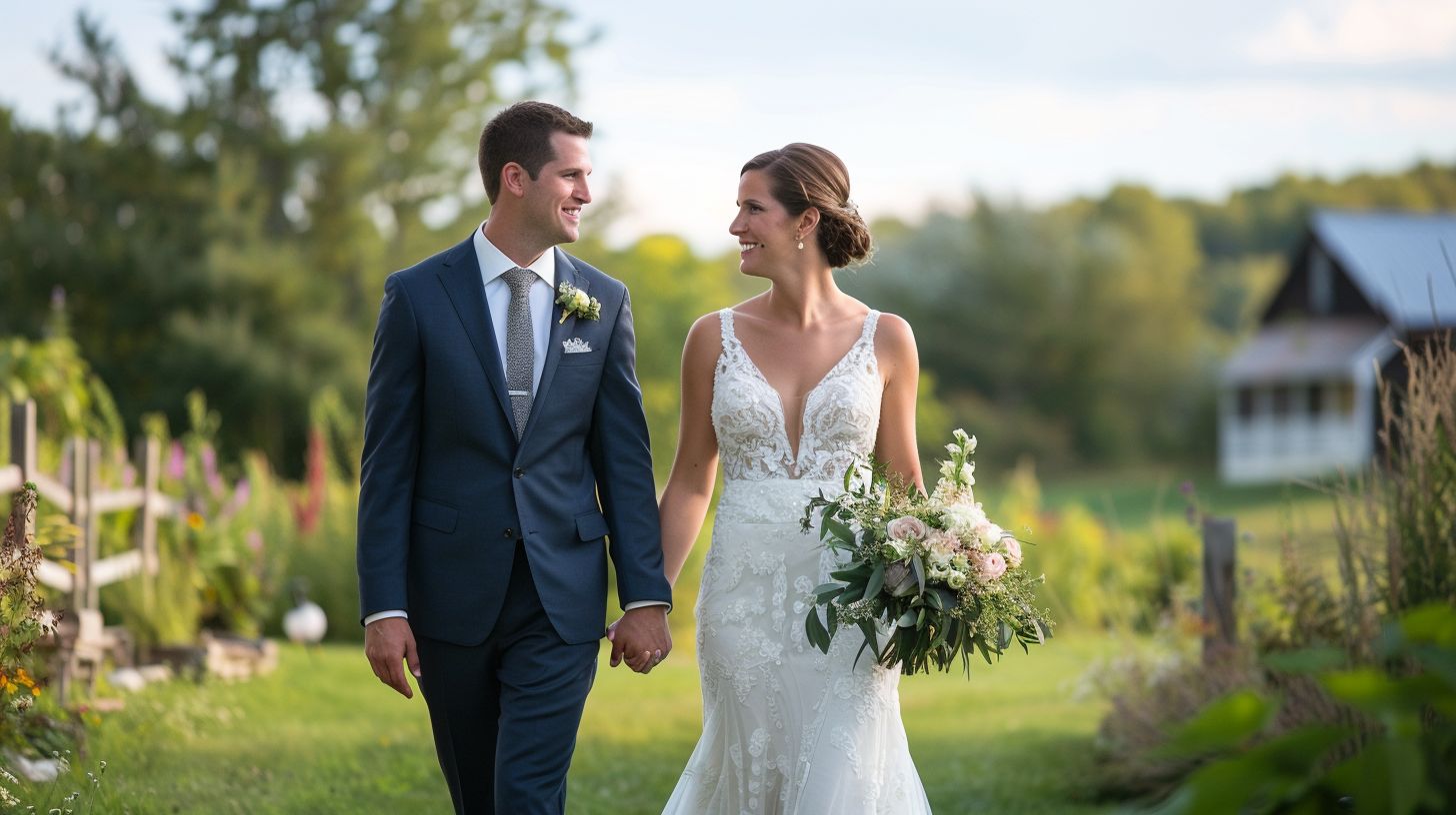 A bride and groom walk through a scenic outdoor wedding venue.