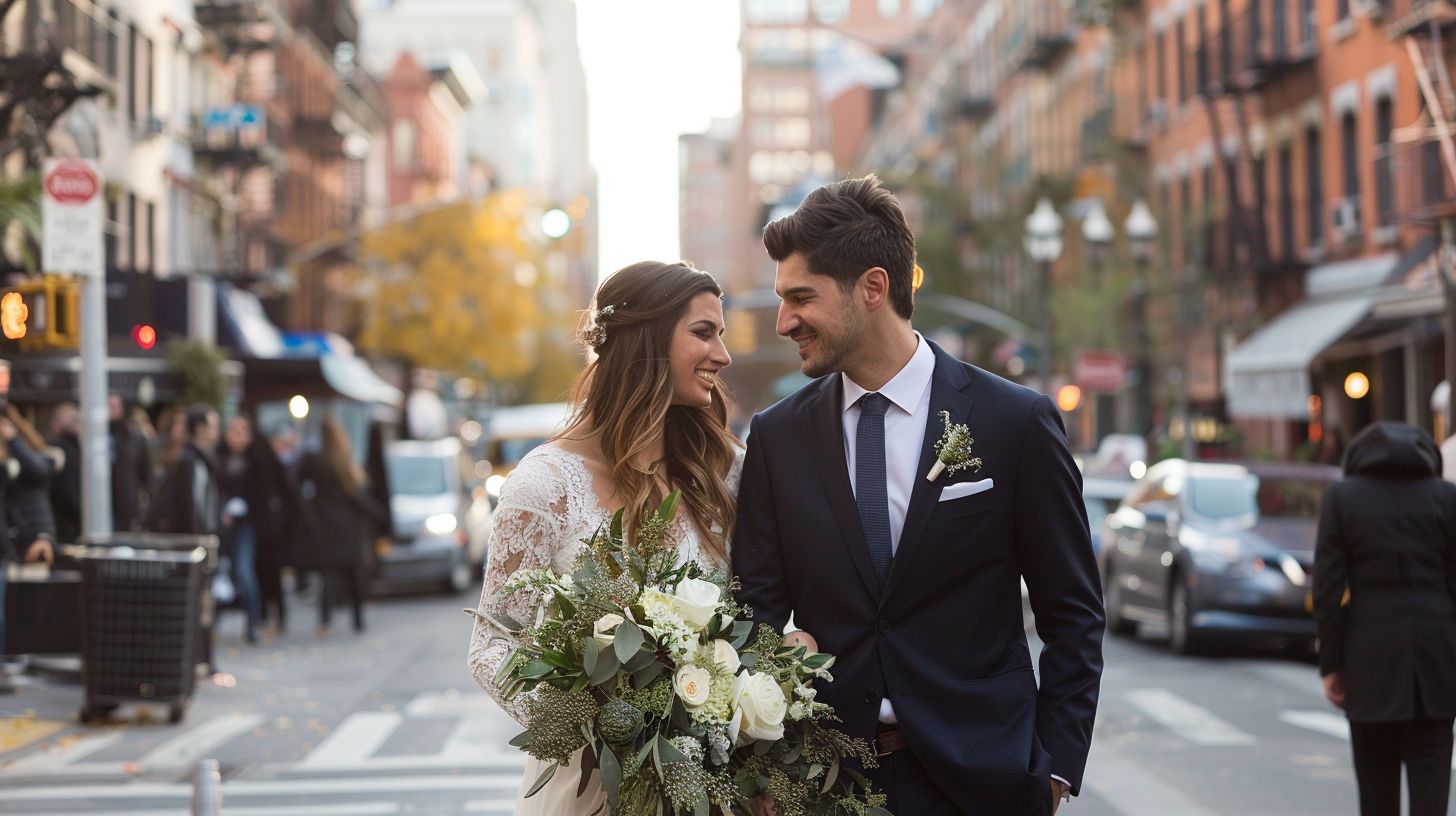 A bride and groom share a quiet moment on a city street.