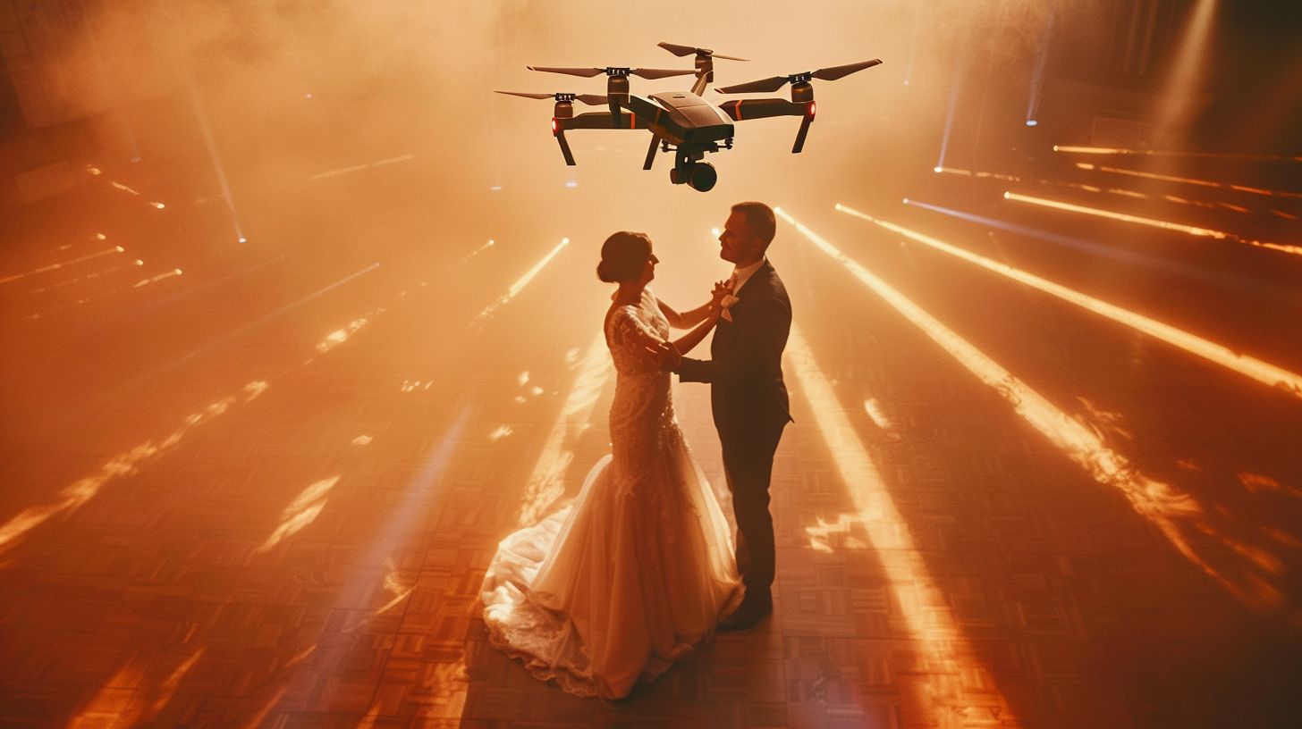 A bride and groom dance under a canopy of drones.