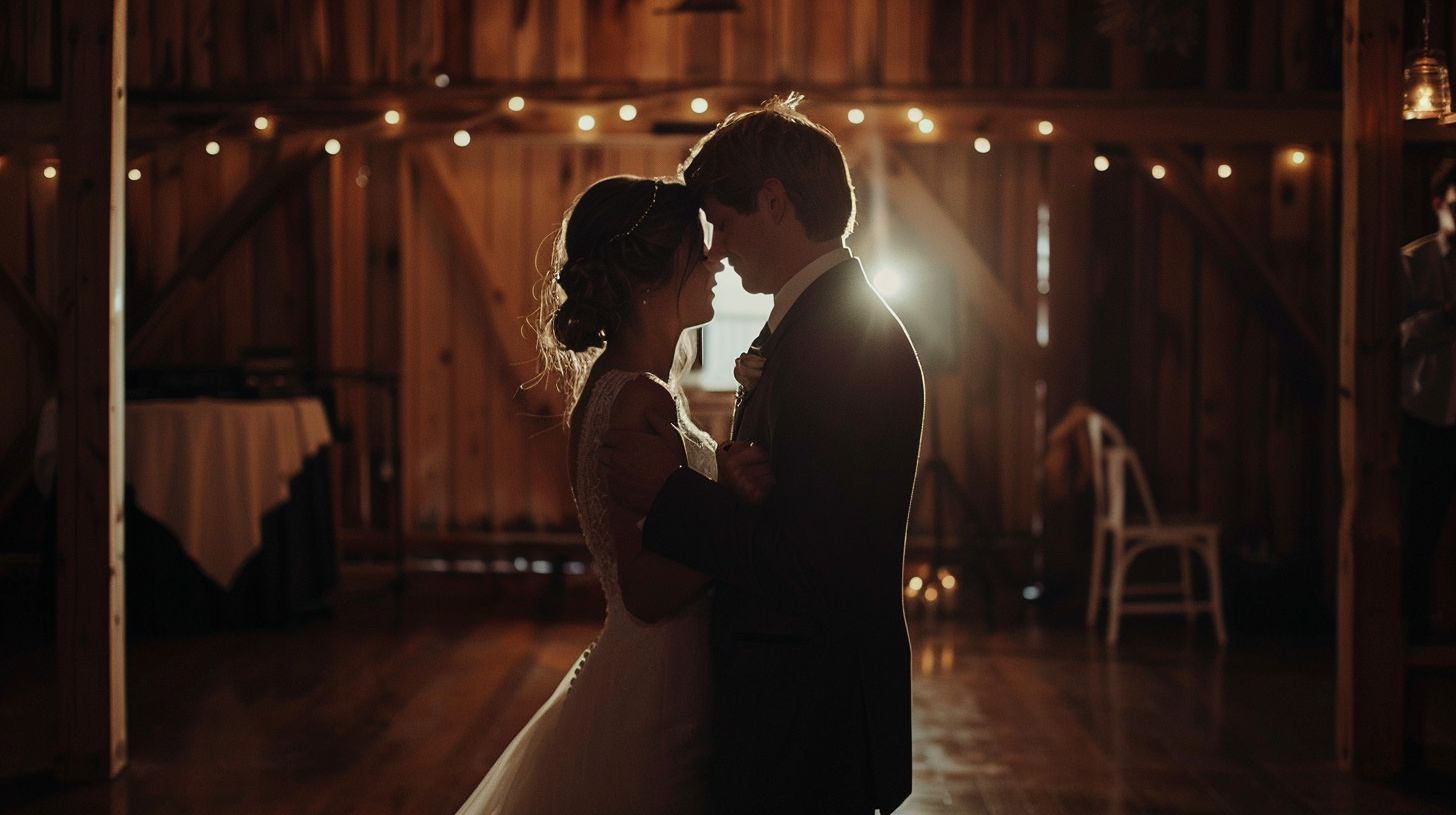 A bride and groom sharing their first dance in a rustic barn.