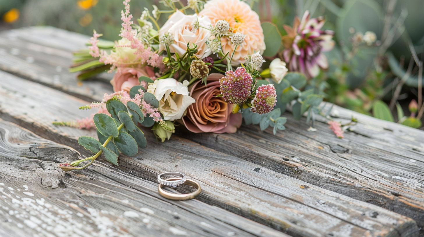 A wedding bouquet and rings on a rustic wooden table outdoors.