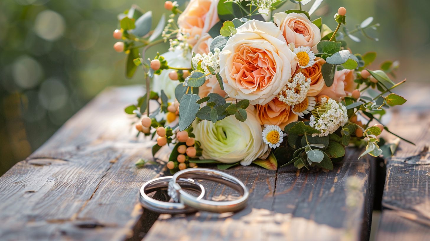 A wedding bouquet and rings on a rustic wooden table outdoors.