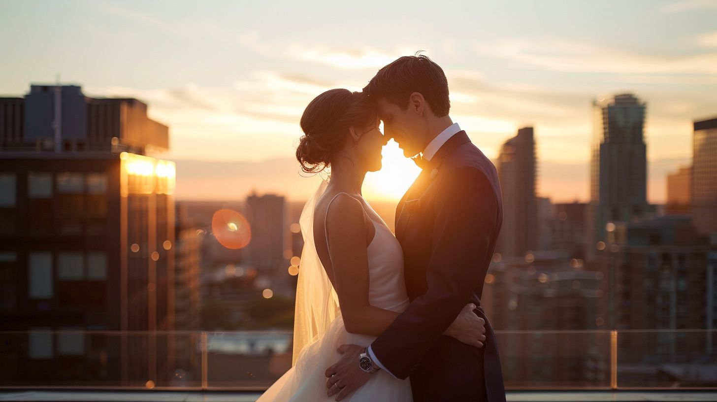 A newlywed couple shares a candid moment on a city rooftop at sunset.