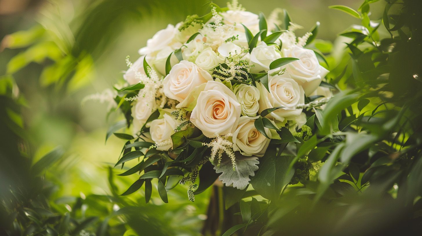 A close-up of a beautifully arranged wedding bouquet in nature.