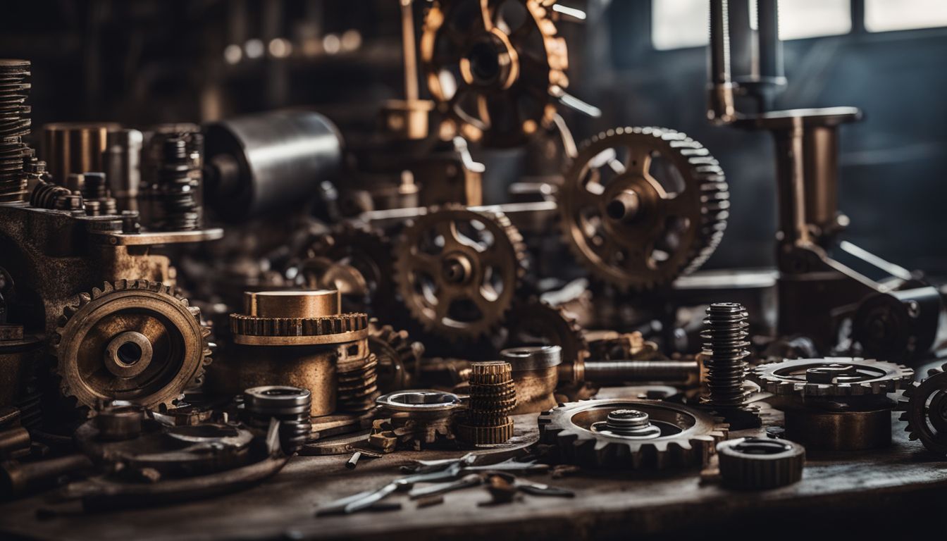 A workshop full of mechanical tools and interconnected gears and cogs.