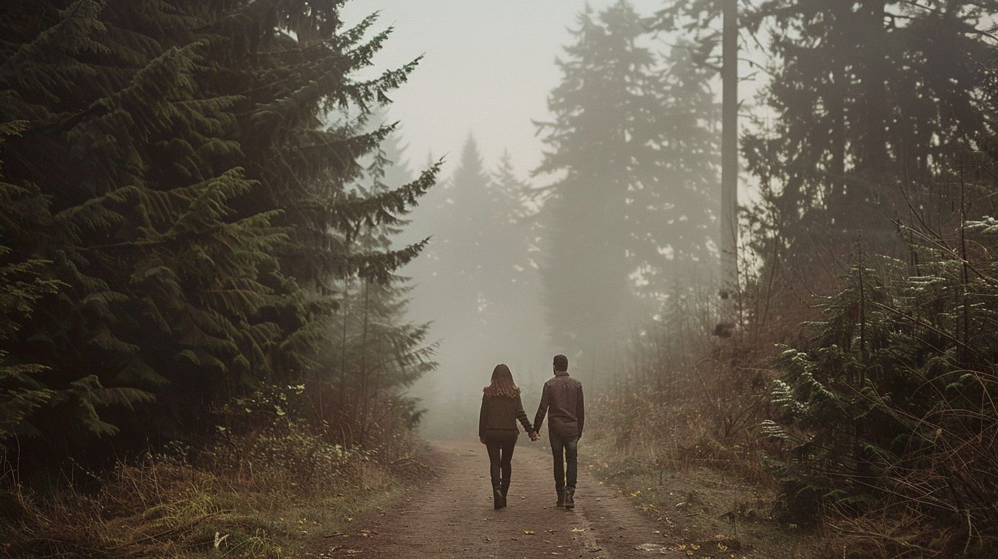 A couple walks through a misty forest with tall trees.