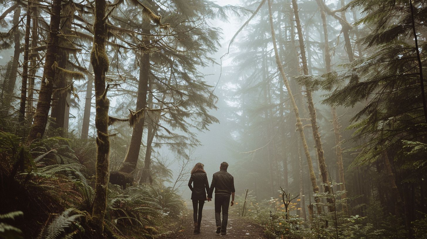 A couple walks through a misty forest with tall trees.