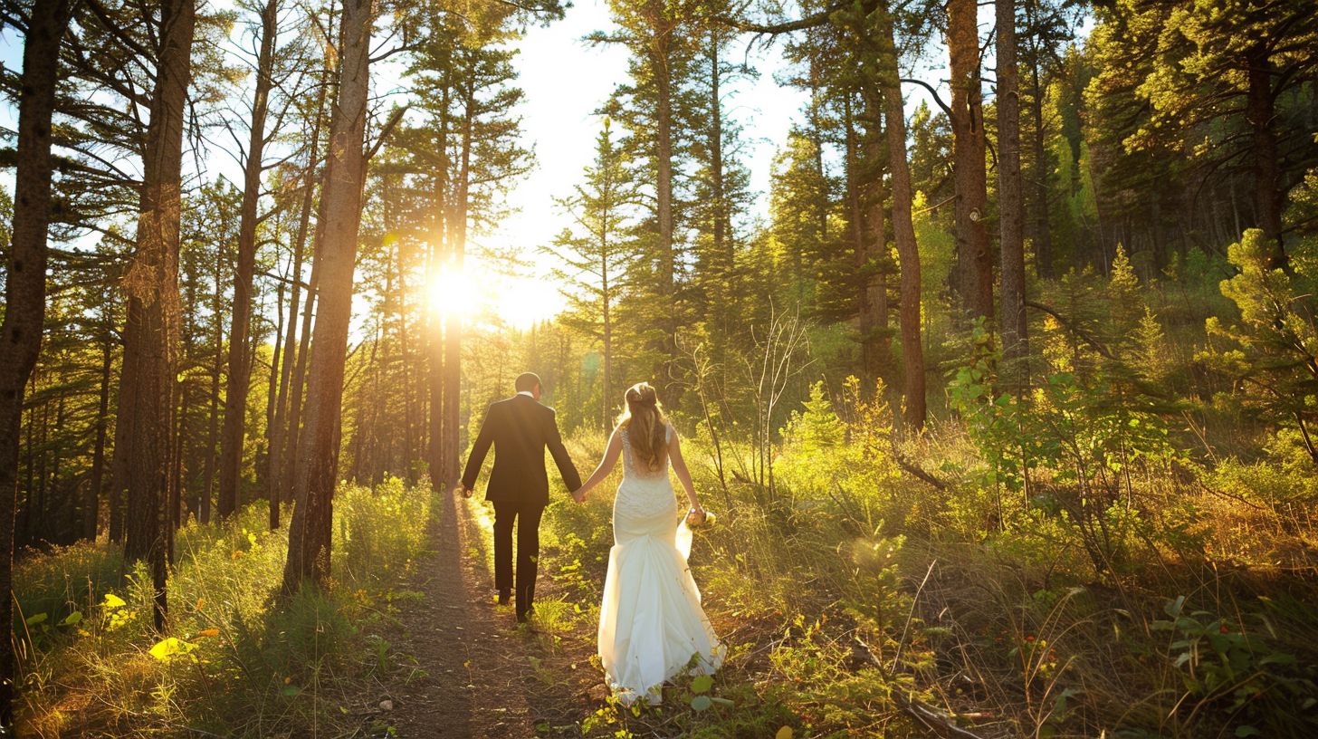 A bride and groom walking through a sunlit forest clearing.