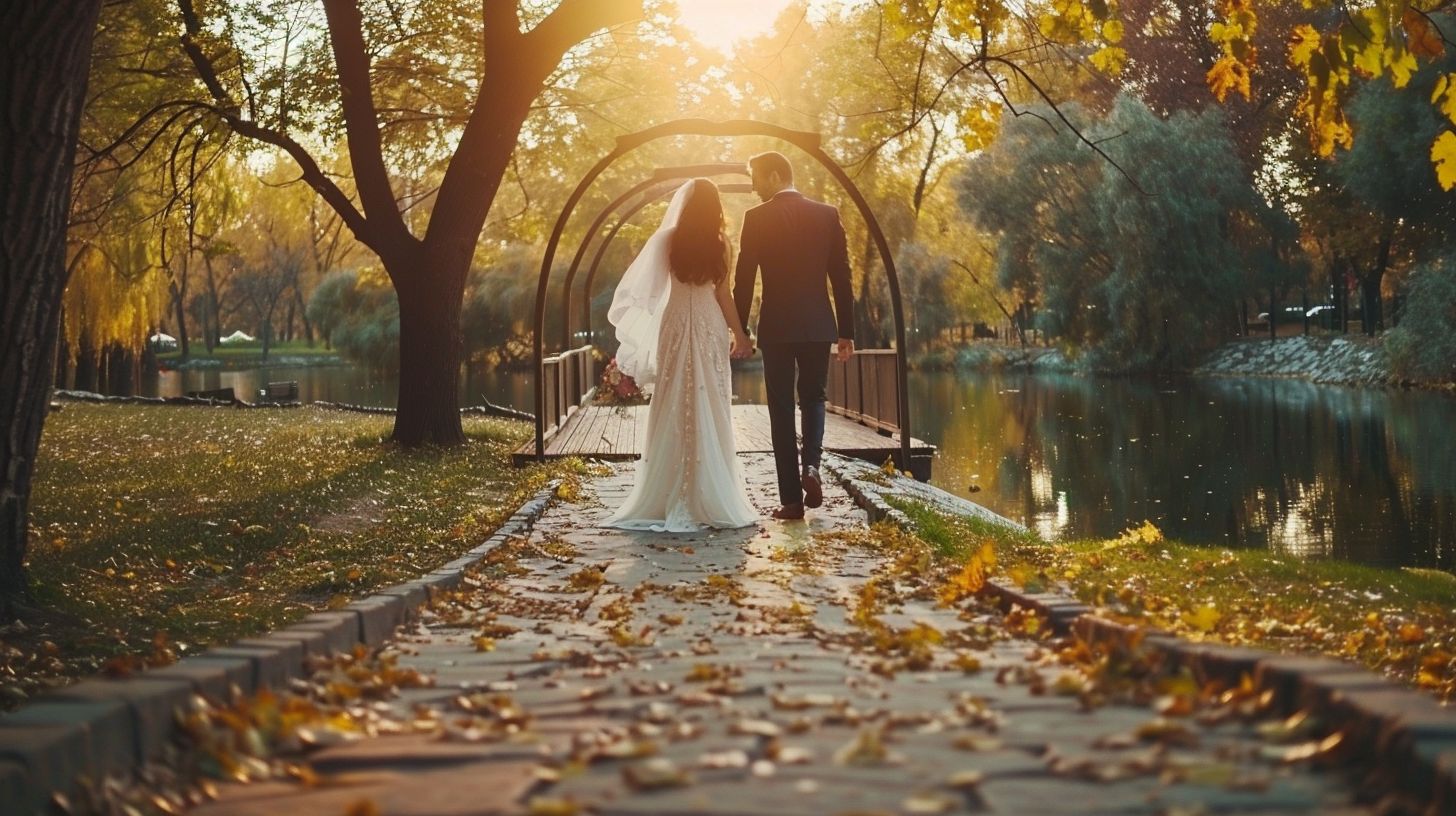 A newlywed couple capturing nature's beauty in a park with a camera.