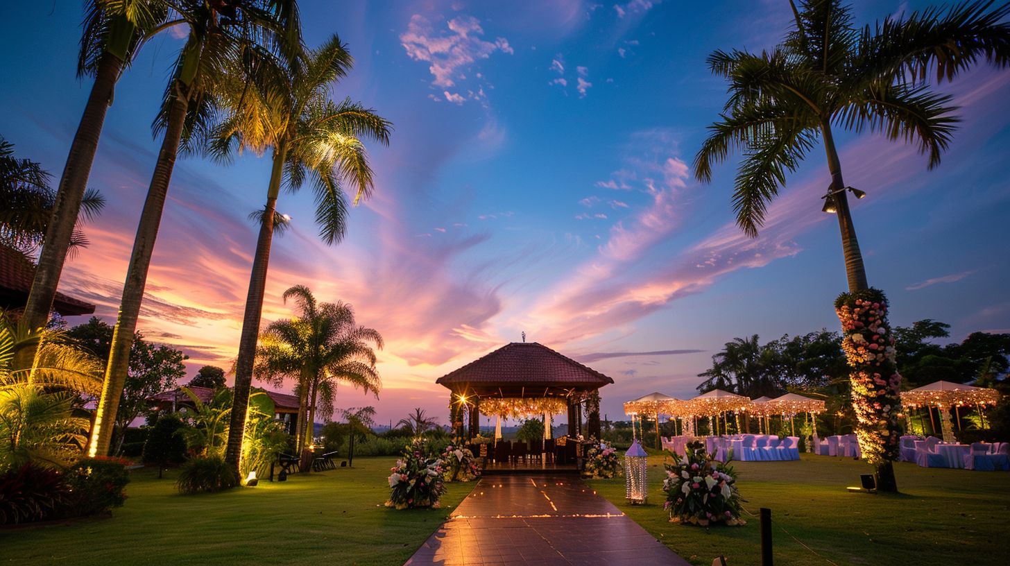 A wedding venue is captured with wide-angle lens and long exposure settings at sunset.