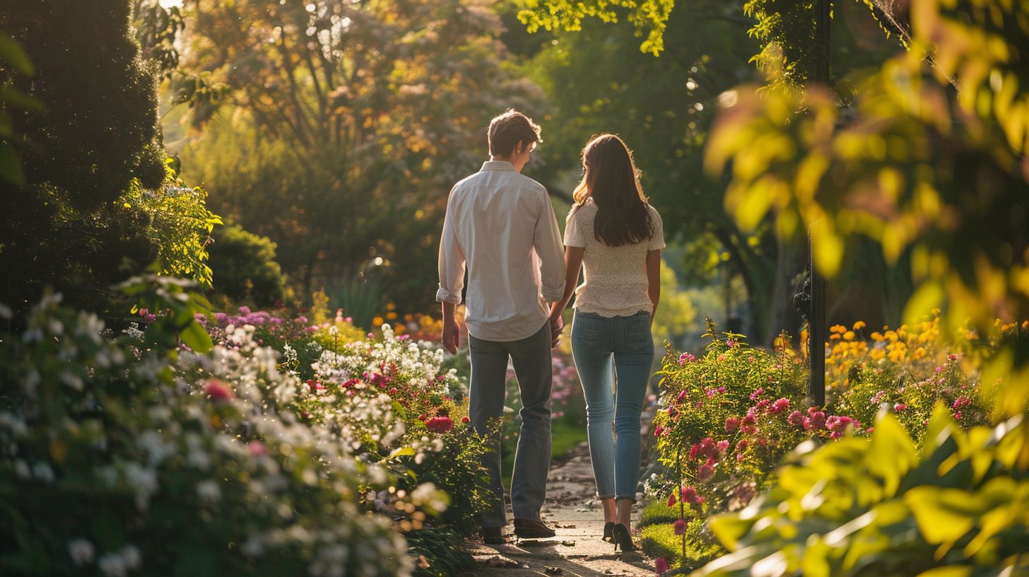 Newlywed couple enjoying nature photography in a blooming garden.