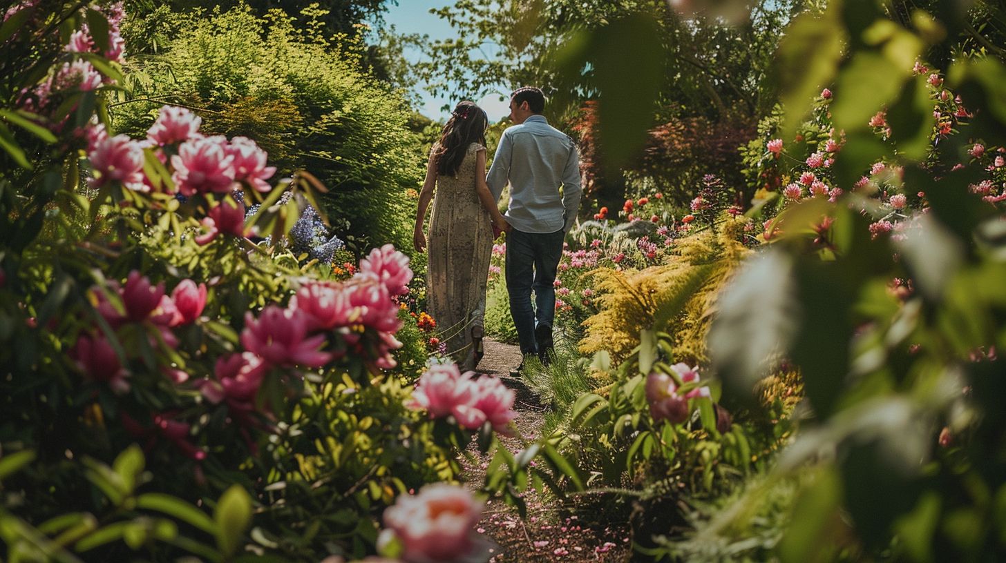 Newlywed couple enjoying nature photography in a blooming garden.