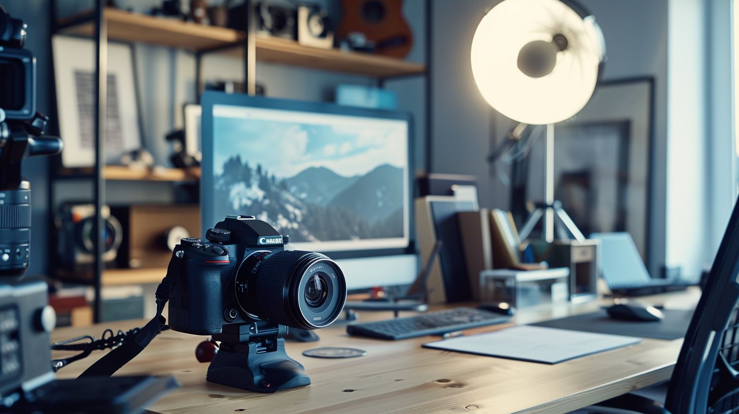 A modern desk with neatly arranged photography gear captured with a wide-angle lens.