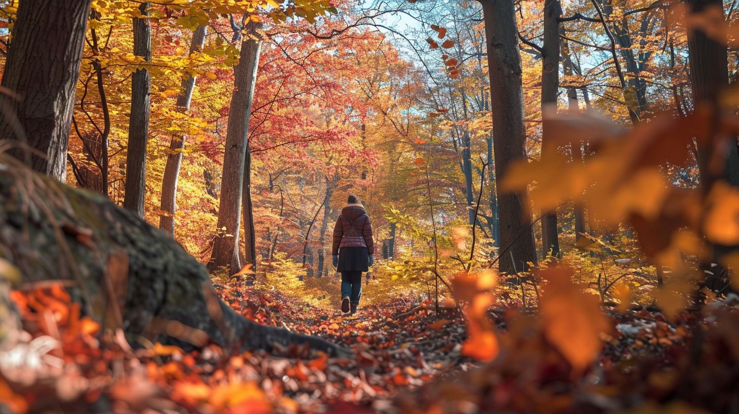 A serene forest with vibrant autumn foliage captured in nature photography.