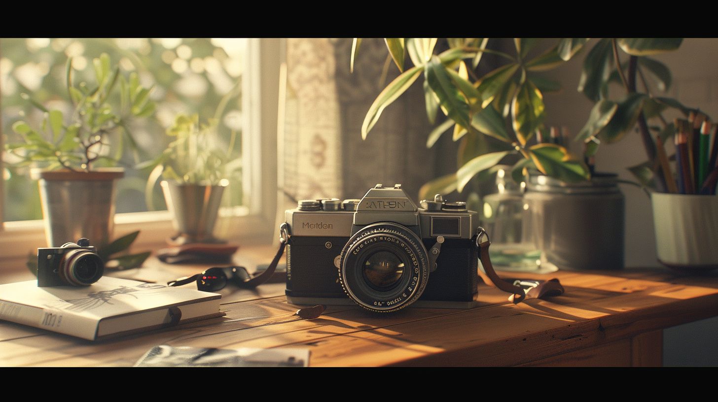 A vintage camera and lens on a stylish photographer's desk in a still life setup.