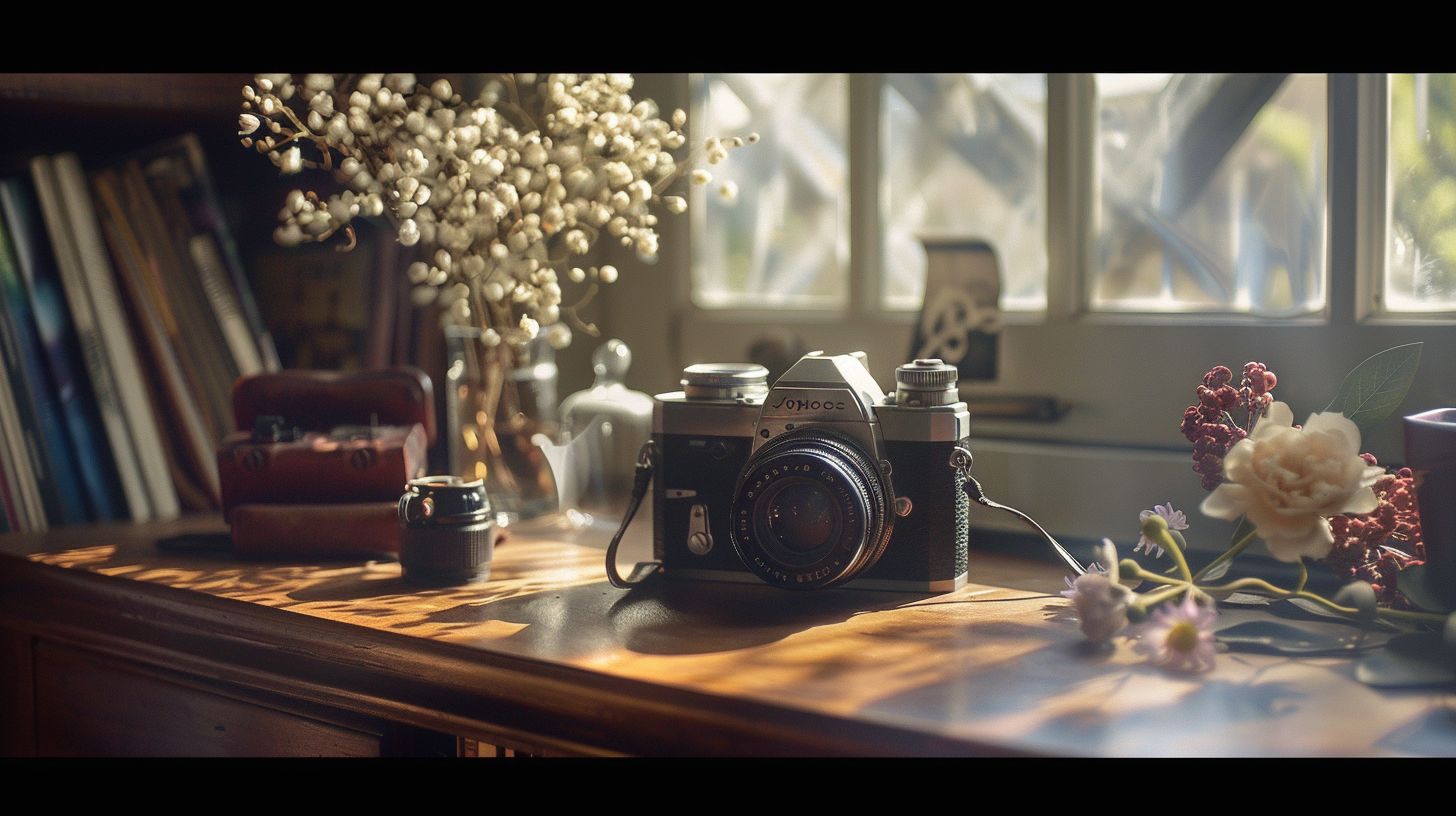 A vintage camera and lens on a stylish photographer's desk in a still life setup.