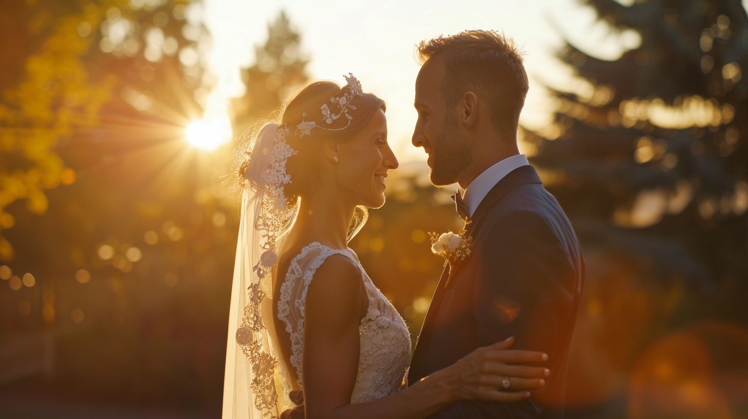 A bride and groom stand in an outdoor wedding venue, captured in portrait photography.