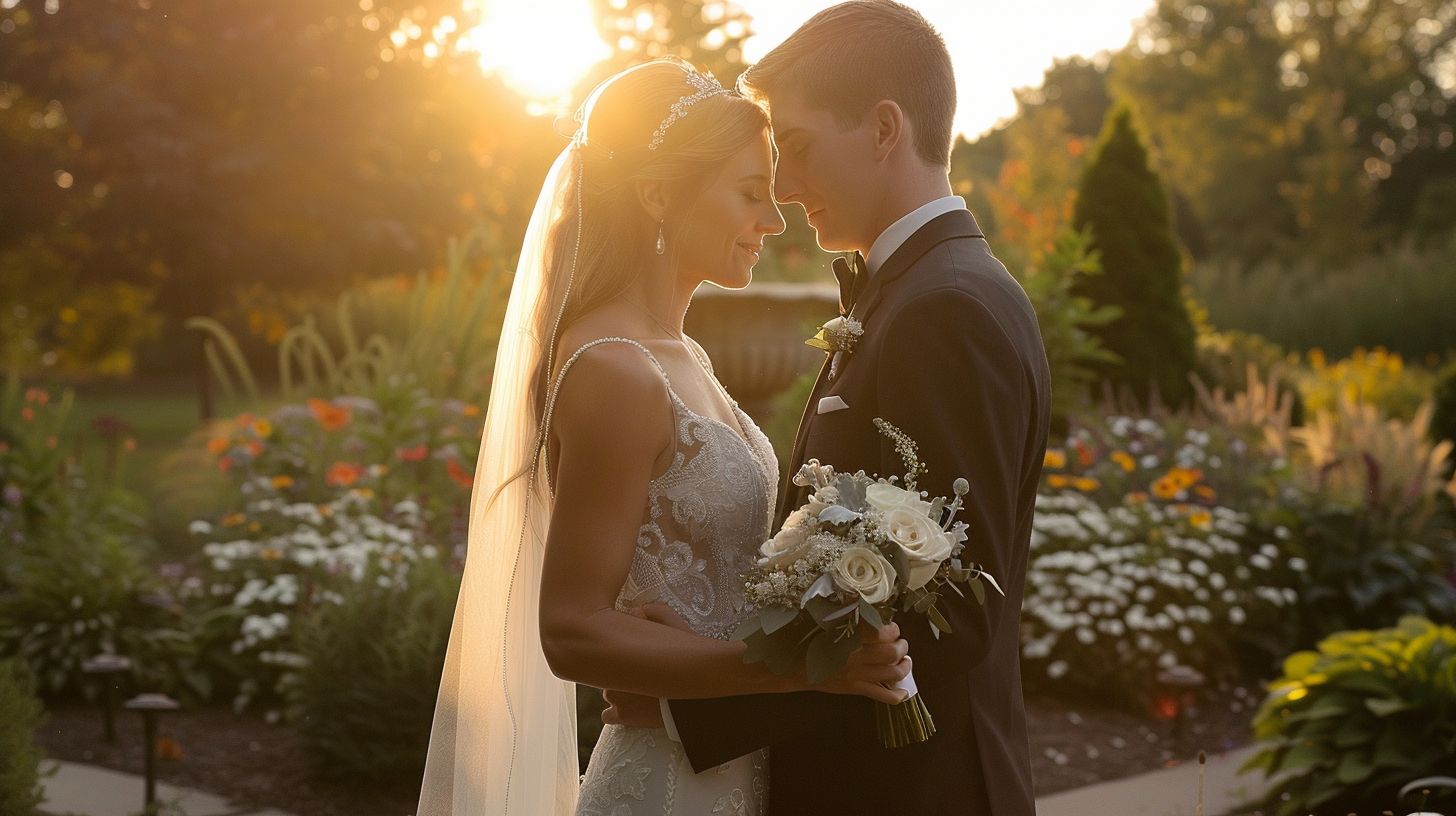 A bride and groom stand in an outdoor wedding venue, captured in portrait photography.
